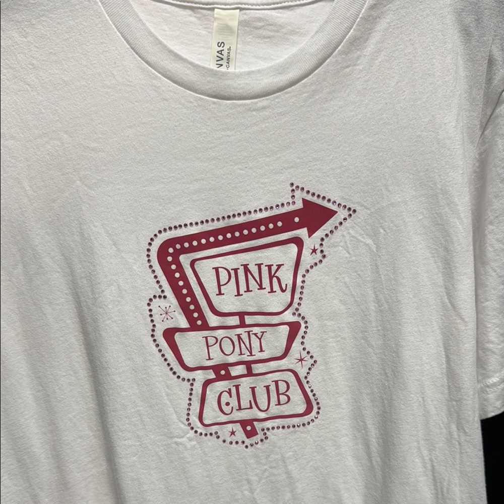 White T-Shirt with Pink Pony Club Graphic